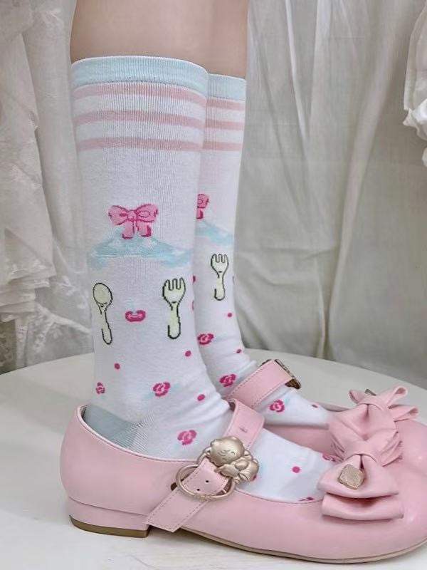 White Underknee Stockins With Beige Fork and Pink Cake Pattern