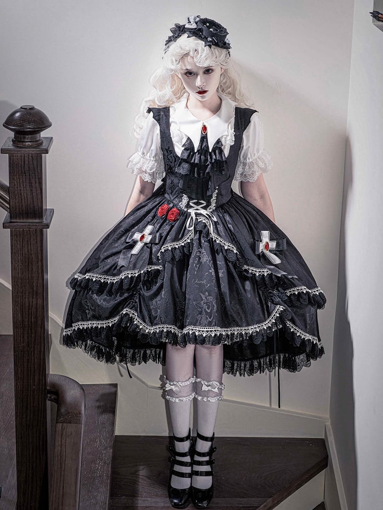 Black High-low Skirt Gothic Lolita Dress Bat Wing Shaped Shoulder Straps