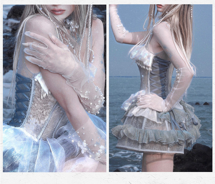 Birdcage Design Hem Shiny Sequins Boning Corset Dress + Jellyfish Overlay