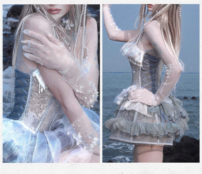 Birdcage Design Hem Shiny Sequins Boning Corset Dress + Jellyfish Overlay