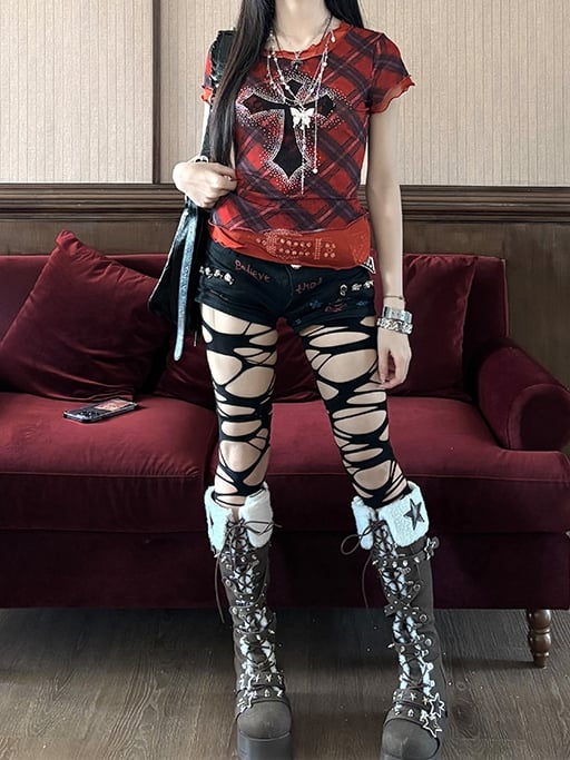 Y2K Red Plaid Pattern Rhinestone Embellished Cross Punk Glamorous Mesh T-Shirt