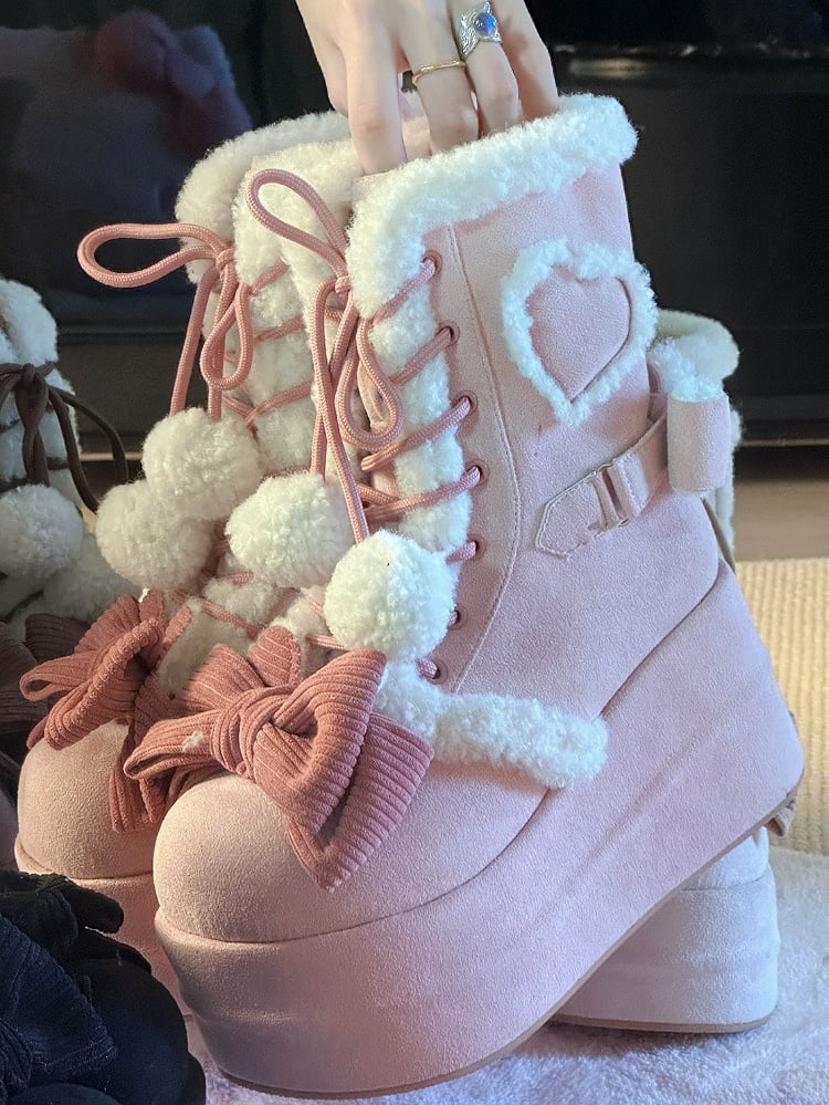 6cm/8.5cm Platform Pink Sweet Style Winter Boots with Heart Patches & Bow Accents