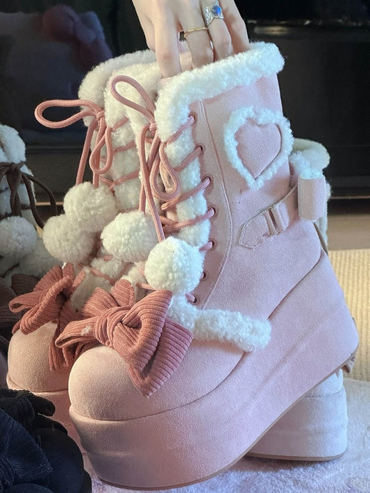 6cm/8.5cm Platform Pink Sweet Style Winter Boots with Heart Patches & Bow Accents