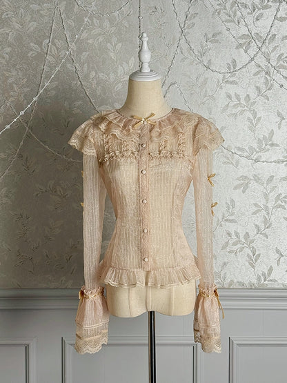 Champagne Semi-sheer Bowknots Long Sleeves Blouse