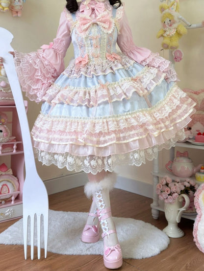 Blue Bead Chain Bows Decorated Hanayome Lolita Princess Dress