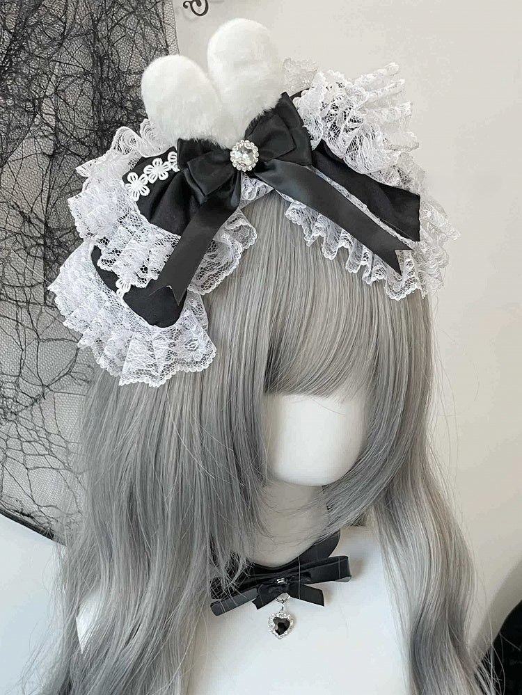 3 Color Options Lace Trim Rhinestone Decorated Detachable Plush Bunny Ear Bowknot KC