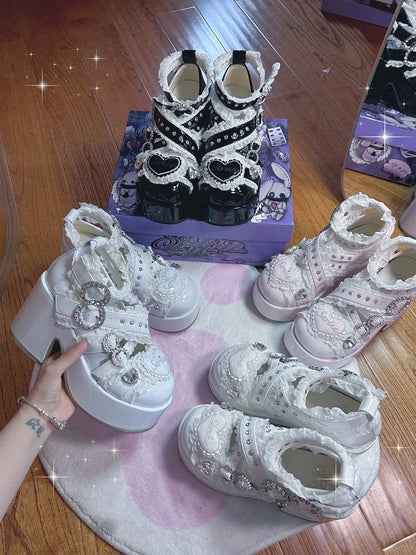 Jirai Kei White Platform Shoes: Round Toe with Lace-Trimmed Cross Strap and Chunky Block Heel