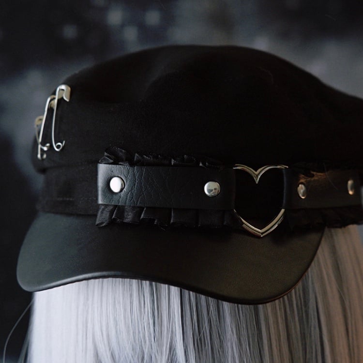 Black Gothic Pin Decorated Ruffled Trim Beret Hat