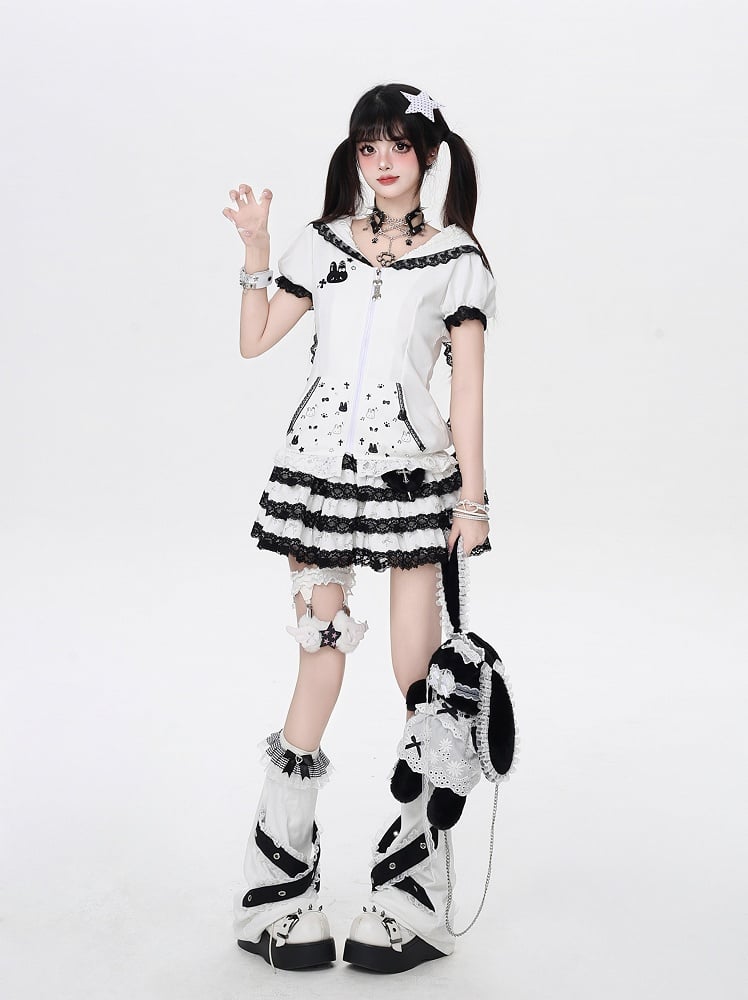Bunny Ears Design Hood Lace Trim Black/White Jirai Kei Zip-up Jacket