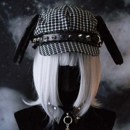 Black Gothic Studs Decorated Buckle Design Plush Puppy Ear Beret Hat