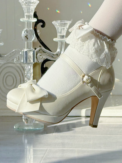 Elegant Creamy White Lolita Stilettos - Crystal Embellished Heart Buckle & Top Bow