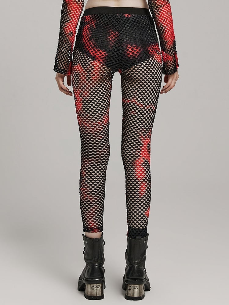 Black and Red Punk Tie-dyed Mesh Leggings