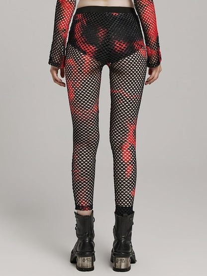 Black and Red Punk Tie-dyed Mesh Leggings