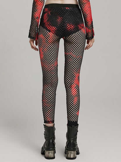 Black and Red Punk Tie-dyed Mesh Leggings