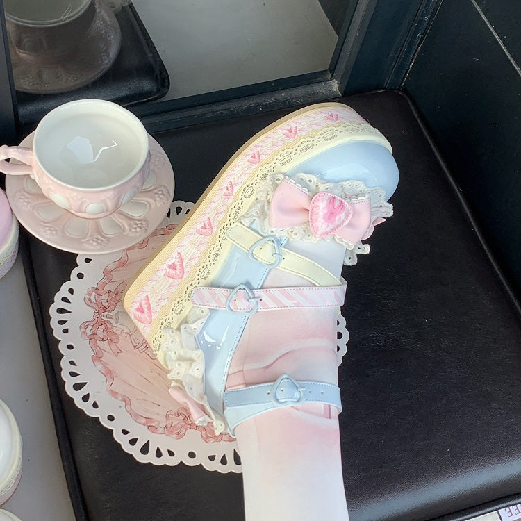 Sea Salt Strawberry Cake Blue Sweet Lolita Bow Accents Platforms Mary Jane Shoes