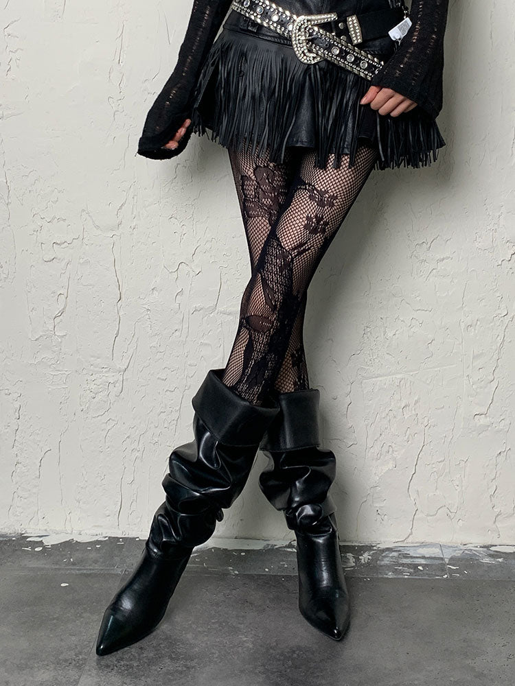 Black Y2K Floral Pattern Hollow-out Tights