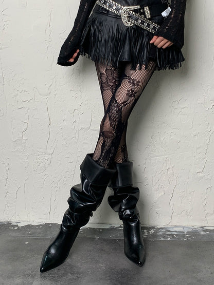 Black Y2K Floral Pattern Hollow-out Tights