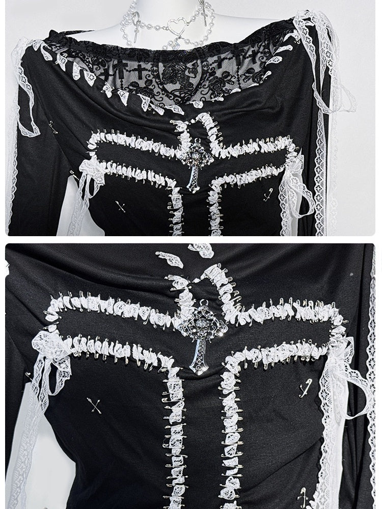 Black Cross Design White Lace Trim Fake Two-piece Top
