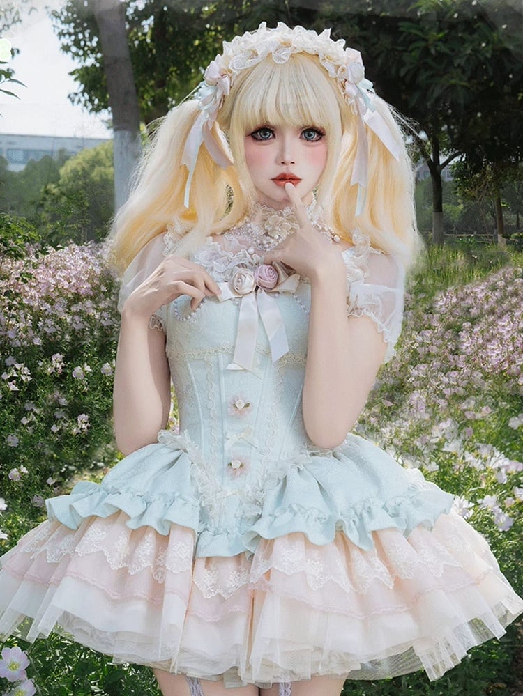 Green Boned Basque Waist Jacquard Fabric Hime Lolita Balletcore Puffy Dress JSK with Big Bow Train