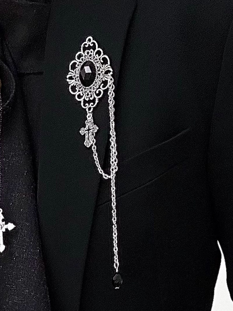 Ouji Lolita Silver Vintage Brooch with Black Obsidian Stone & Cross Charm
