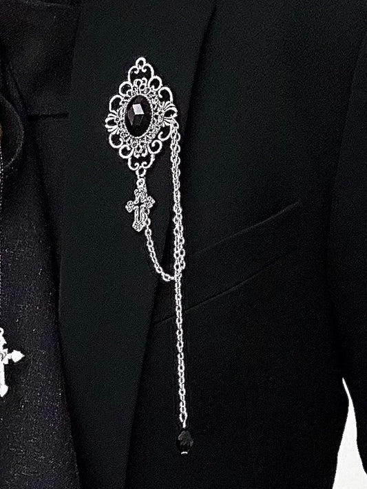 Ouji Lolita Silver Vintage Brooch with Black Obsidian Stone & Cross Charm