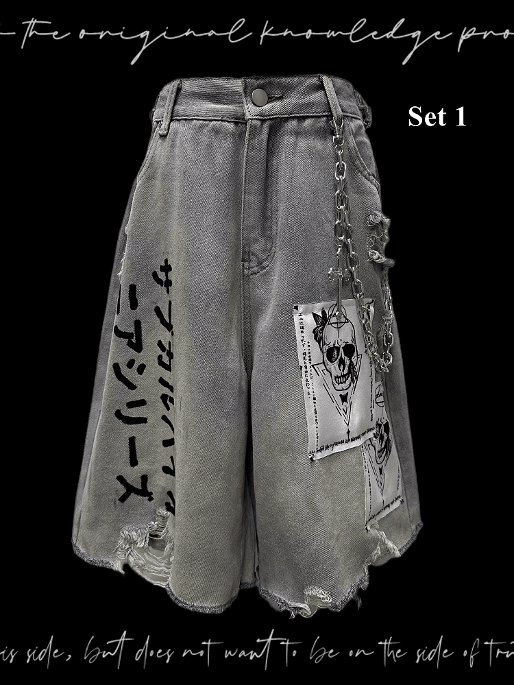 Light Blue Skeleton Appliques Distressed Holes Wasteland Punk Wide-Leg Jeans