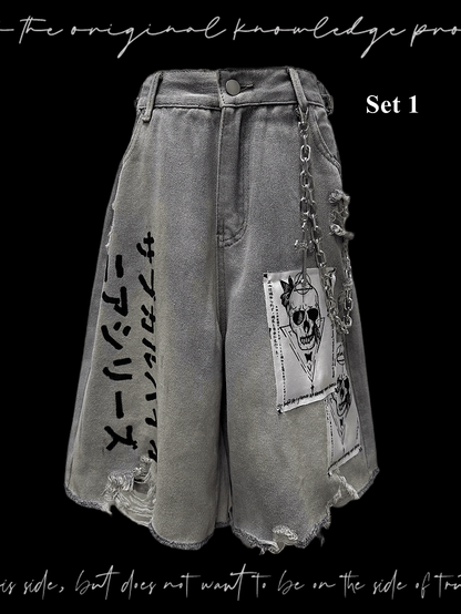 Light Blue Skeleton Appliques Distressed Holes Wasteland Punk Wide-Leg Jeans