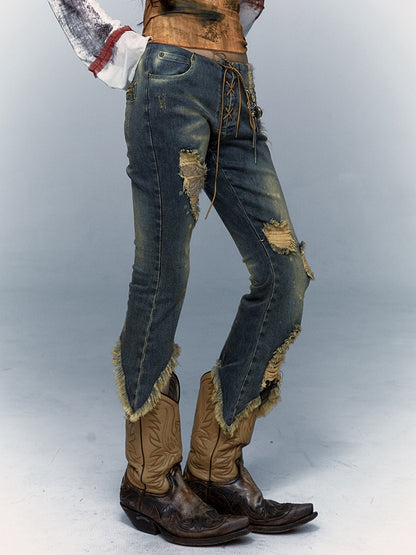 Lace-up Detail Blue Distressed Holes Faded Wash Punk Jeans Raw Hem