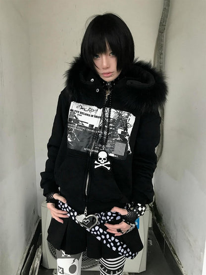 Black Y2K Zip-up Hoodie with Faux Fur Trim and Graphic Print