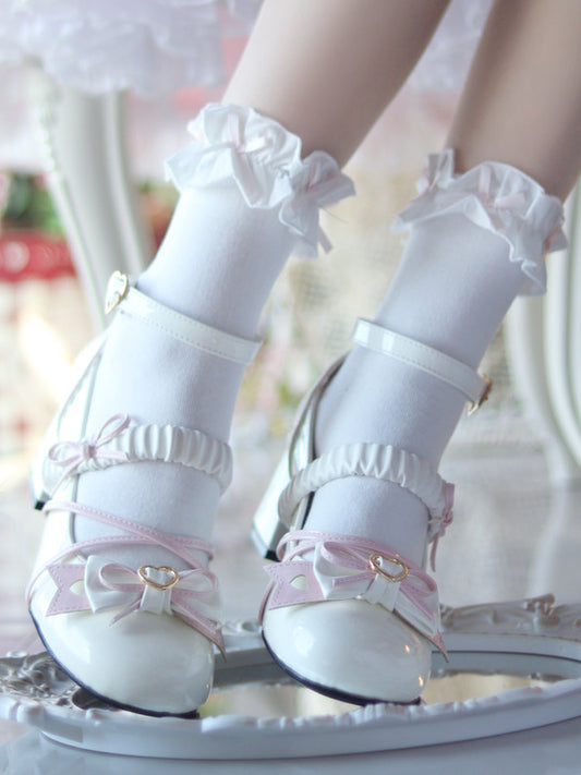 Bow Accents White Block Heel Mary Janes