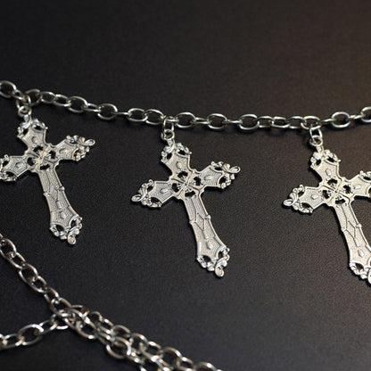 Silver Cross Charm Waist Chain + Black Star Details Waist Belt