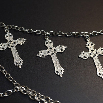 Silver Cross Charm Waist Chain + Black Star Details Waist Belt