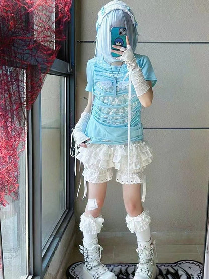 Light Blue Double-layer Skeleton Print Hollowed-out Punk T-shirt