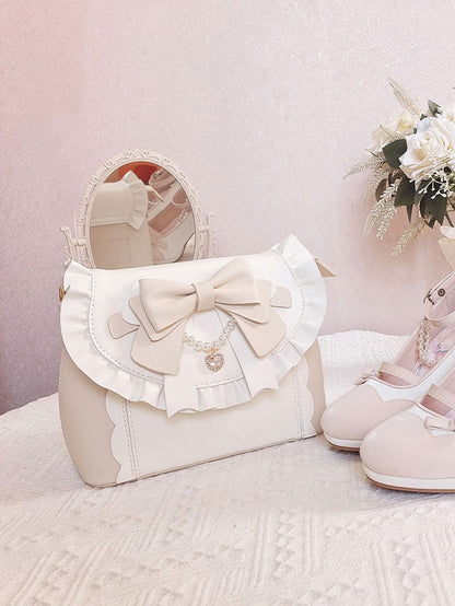 Rhinestone Heart Decor, Delicate Beadwork Bow & Dual Strap System Beige & White 2-Way Hand Bag in Elegant Lolita