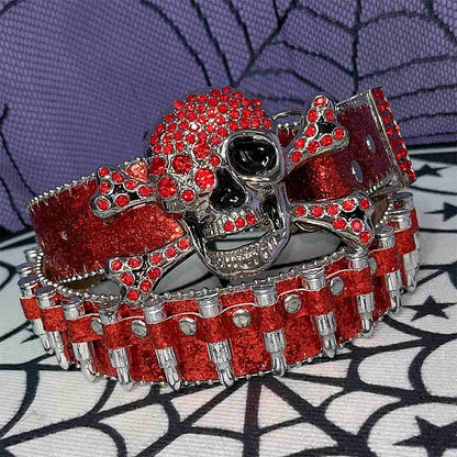Y2K Glittering Rhinestones Punk Skull Bullets Waist Belt Black/Red/Blue/Gold