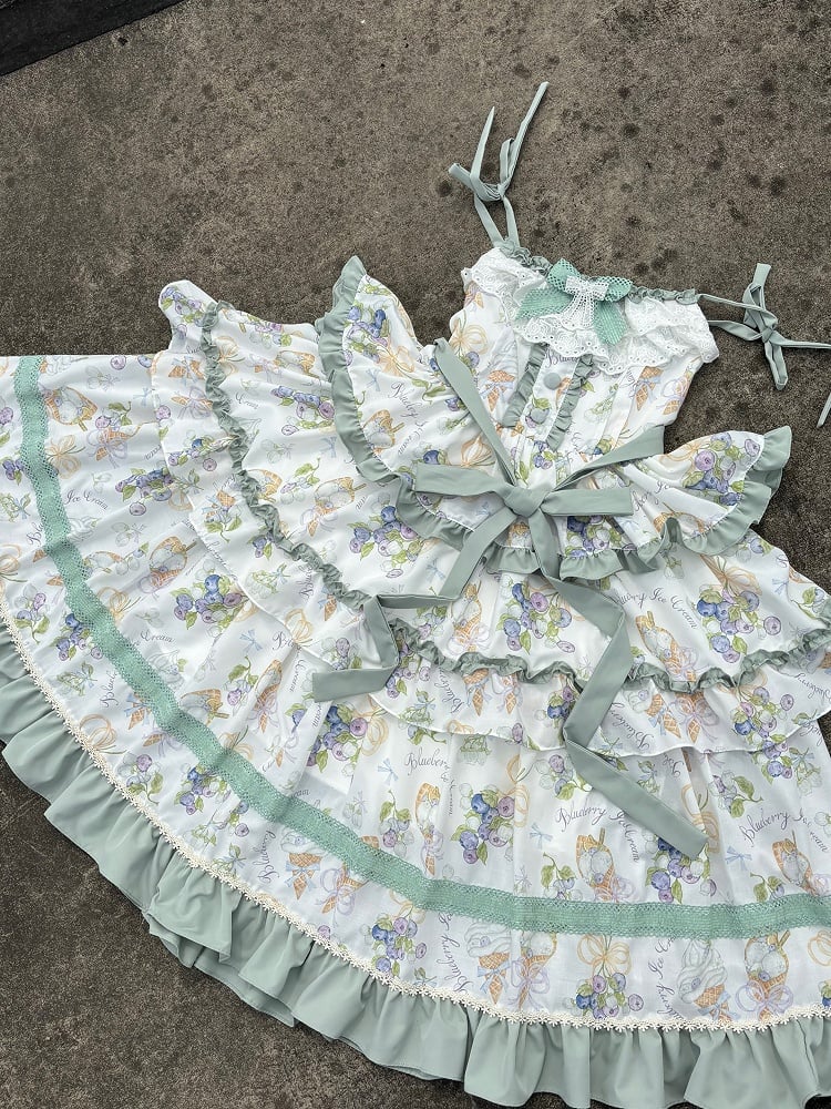 Blueberry and Ice Cream Print Tiered Skirt Light Green Ruffle Trimming Lolita Dress