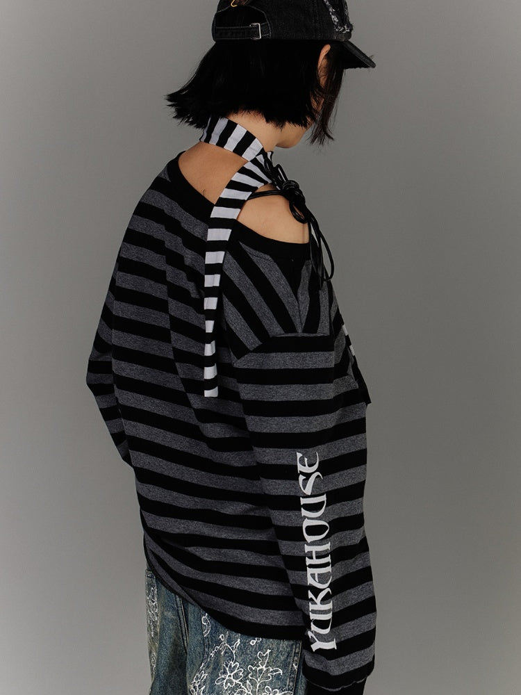 Black & Gray Stripes Drawstring Design Asymmetrical Neckline Applique Punk Top