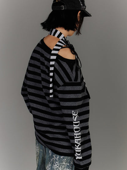 Black & Gray Stripes Drawstring Design Asymmetrical Neckline Applique Punk Top