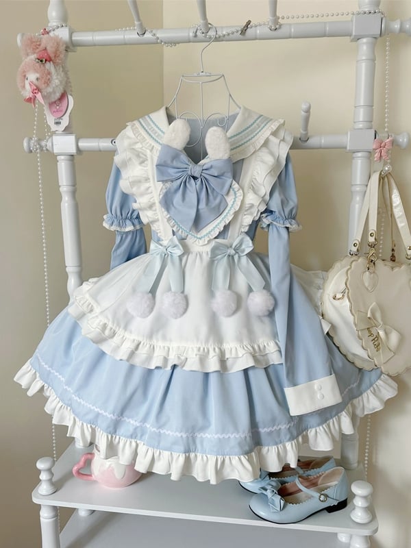 Bunny Ears Sailor Collar Blue Short Sleeves Maid Lolita Dress with White Apron
