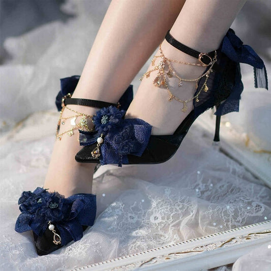 Dark Blue Floral and Bowknot Hime Lolita 5CM/8CM Heels