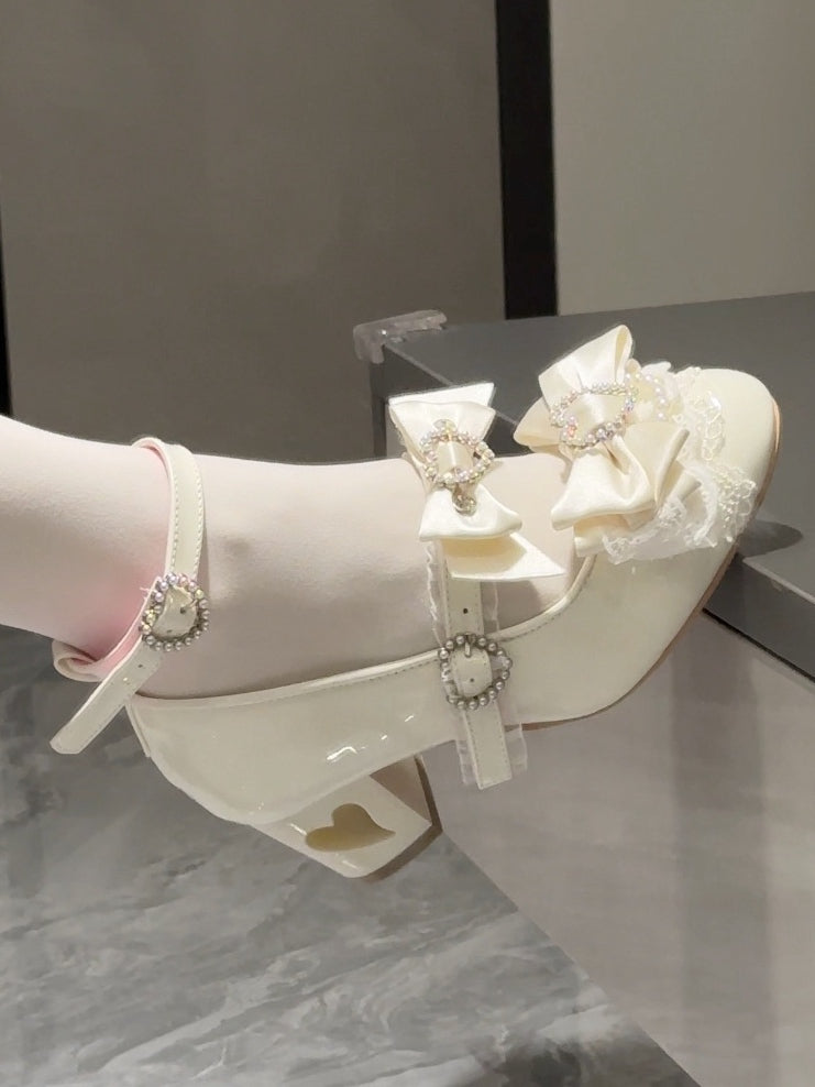 White Bow at Top Heart Cut-out Heels Mary Janes