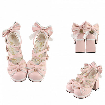 Pink Crisscross Design Heart Buckles Detachable Bow at Top High Block Heels