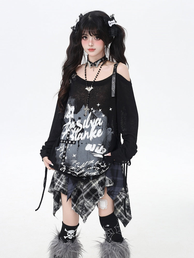 Asymmetrical Neckline Graffiti Print Star Buckles Light Gray/Black Coverup