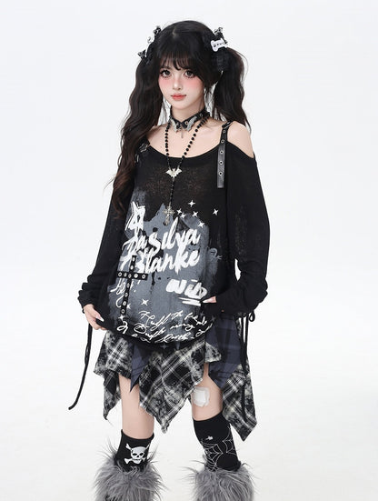 Asymmetrical Neckline Graffiti Print Star Buckles Light Gray/Black Coverup