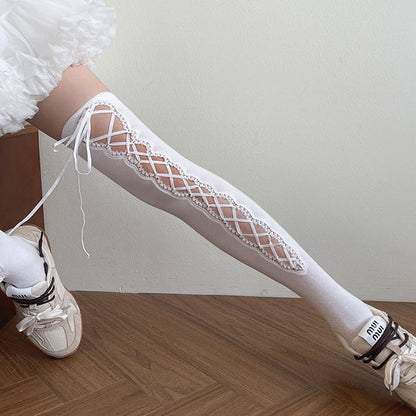 White/Black Lace-up Detail Over-Knee Stockings