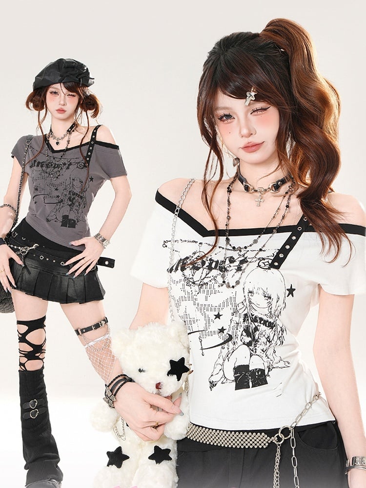 Anime Girl Print Gray/White Asymmetrical Neckline Slim-fitting T-shirt