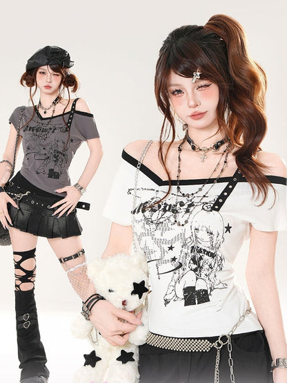 Anime Girl Print Gray/White Asymmetrical Neckline Slim-fitting T-shirt