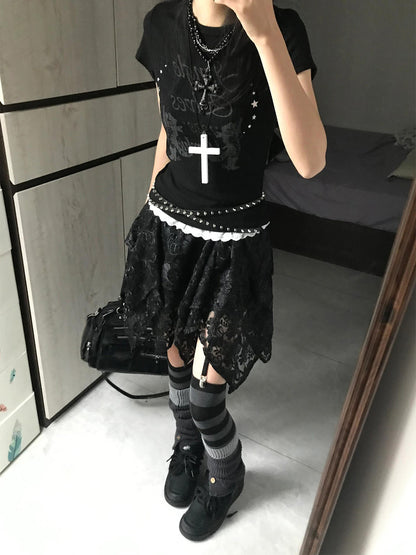 Black Alt Everyday T-shirt with Lace Trim