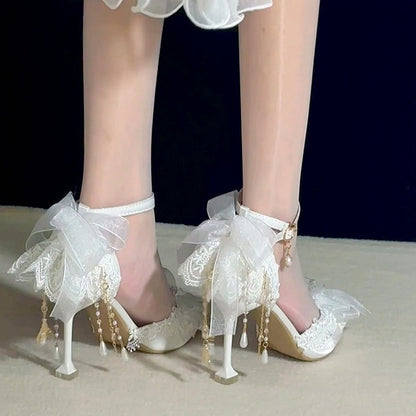 White Butterfly and Bow Accent Pointed Toe 5CM/8CM Hime Lolita Heels