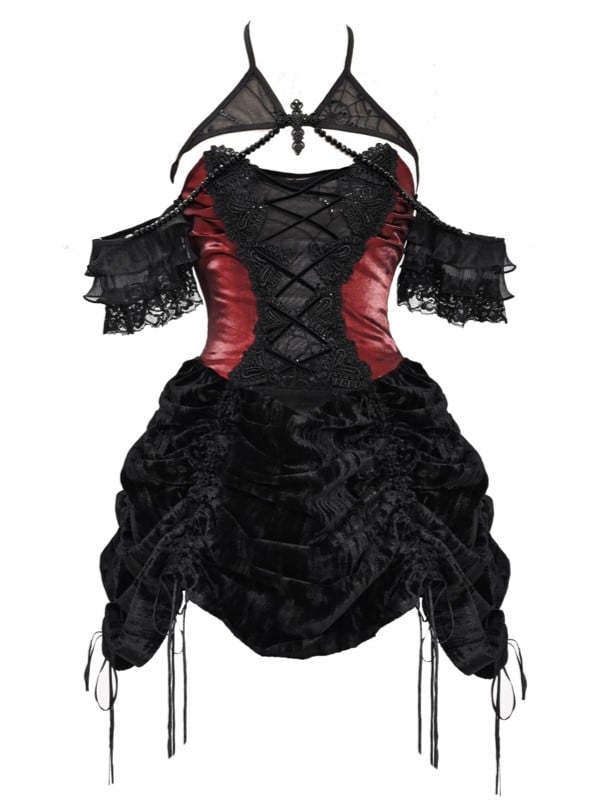 Black and Dark Red Gothic Vampire Lace Up Bodice Drawstring Skirt Dress